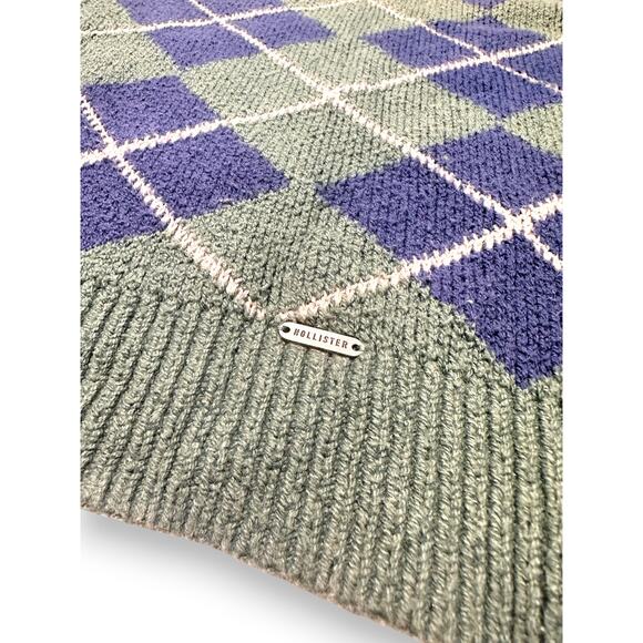 Y2k Hollister Argyle Knit Green/Blue Slight Crop Cardigan Sweater Size Medium - Picture 13 of 14